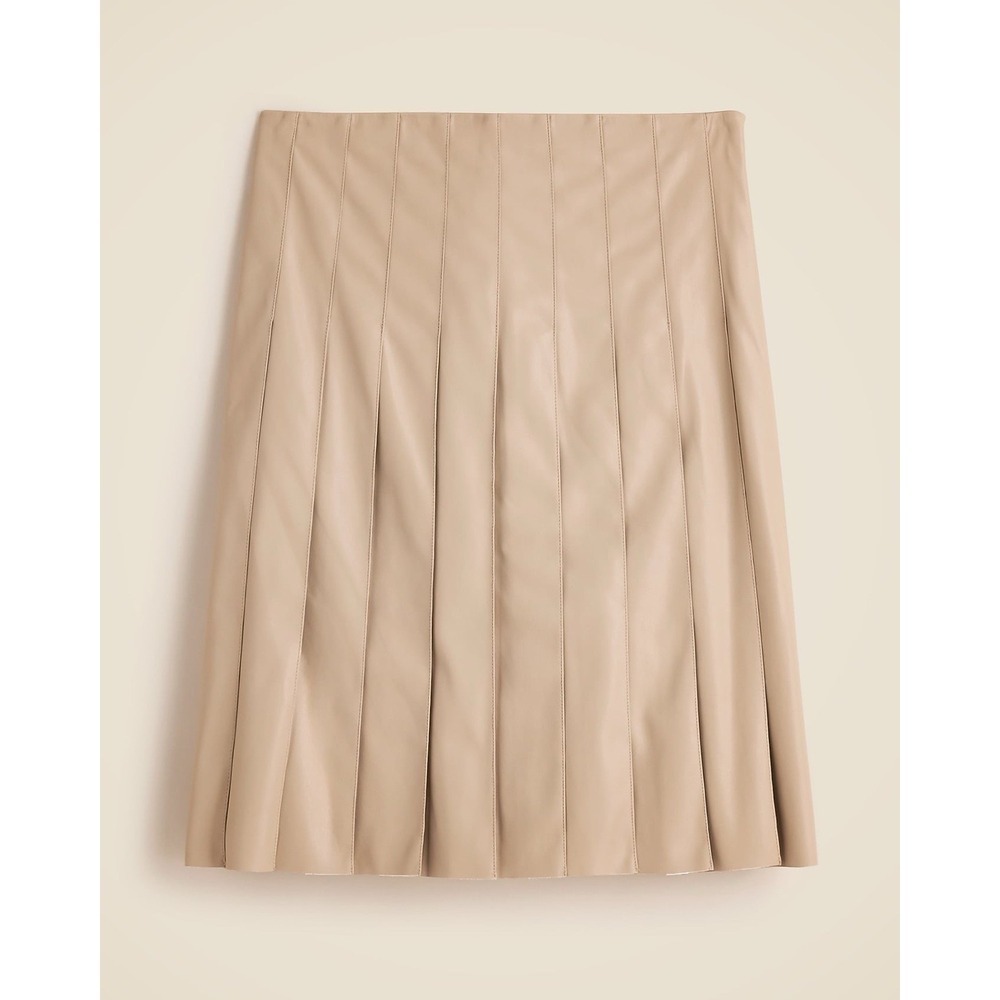 J.Crew Faux Leather Pleated Knee Length Skirt Beige Tan Sz 8 Preppy Old Money